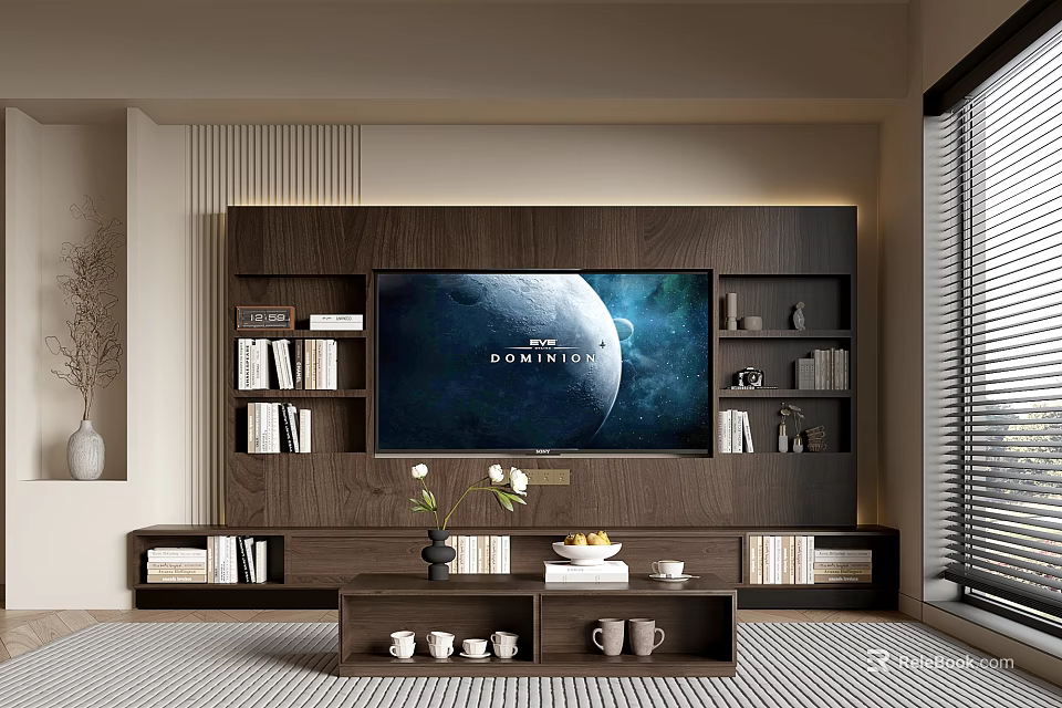 Modern Dark Wooden TV Stand With Large Screen TV Bookshelves And Decorations In Living Room 3d model 