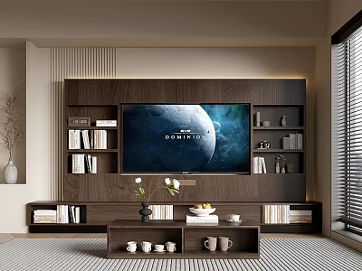 Modern Dark Wooden TV Stand With Large Screen TV Bookshelves And Decorations In Living Room 3d model