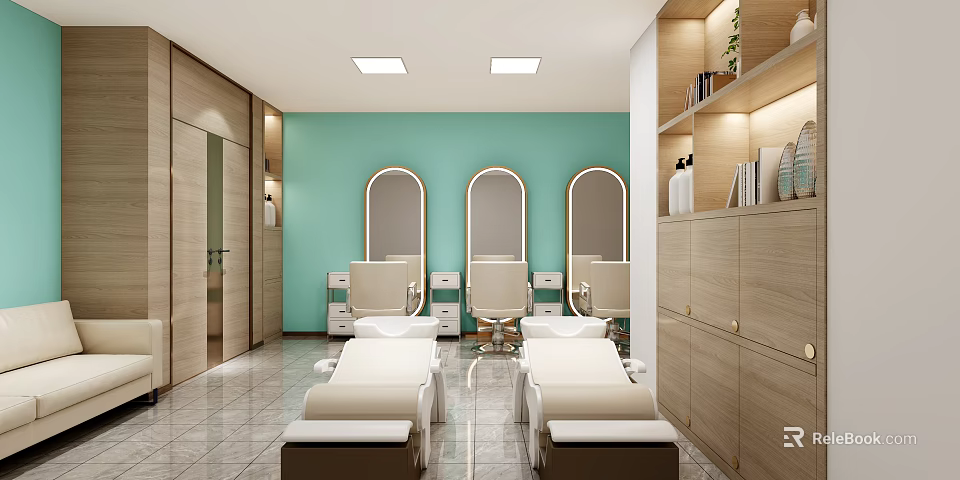 Modern Beauty Hair Salon Interior Design With Round Mirrors Styling Chairs And Treatment Beds 3d model 