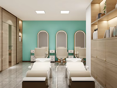 Modern Beauty Hair Salon Interior Design With Round Mirrors Styling Chairs And Treatment Beds 3d model