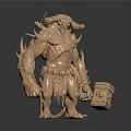 Muscular Horned Fantasy Game Movie Character With Spiked Armor Holding Hammer And Chains
