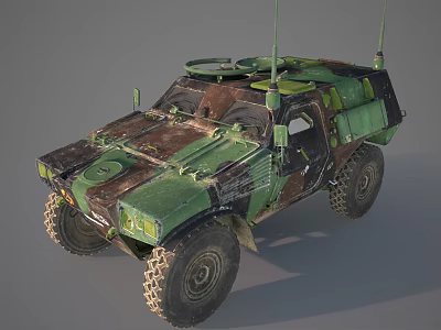 Camouflaged Military Vehicle With Large Off Road Tires And Antennas On Gray Background 3d model