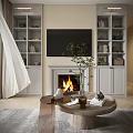 Modern Living Dining Room Interior With Sofa Coffee Table Round Table Fireplace And City View