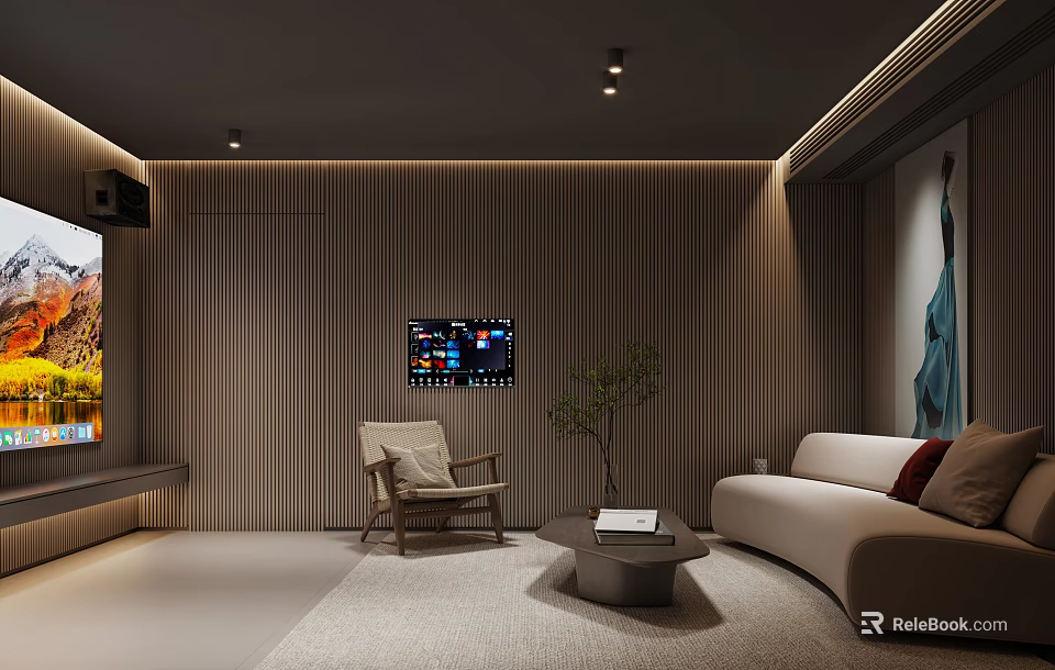 Modern Home Theater Room with Wooden Walls Sofa Armchair TV Coffee Table and Green Plant 3d model 