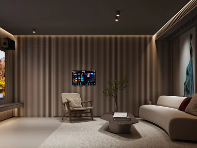 Modern Home Theater Room with Wooden Walls Sofa Armchair TV Coffee Table and Green Plant 3d model
