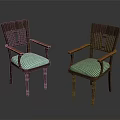 Pair of Wooden Frame Leisure Chairs with Green Striped Cushions and Armrests