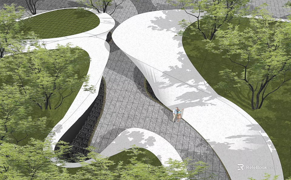 Modern Curved White Landscape Wall With Greenery Trees And Paved Path Design 3d model 