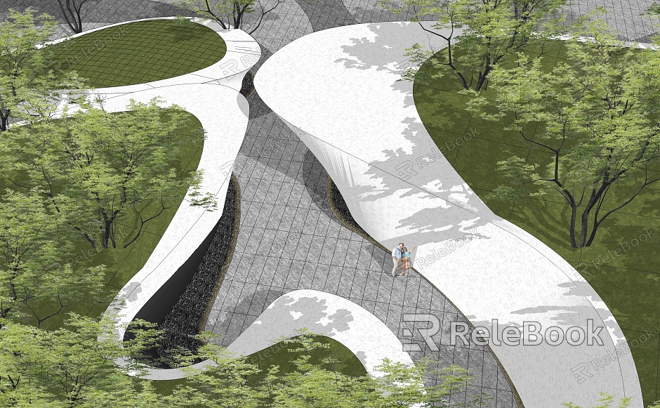 Curved shaped landscape wall ramp curved landscape wall lawn undulating planting pool pocket park entrance lane landscape wall model