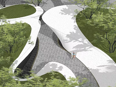 Modern Curved White Landscape Wall With Greenery Trees And Paved Path Design 3d model