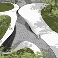Modern Curved White Landscape Wall With Greenery Trees And Paved Path Design 3d model
