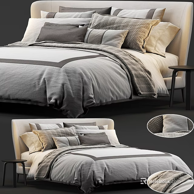 Double Bed with Modern Headboard Neutral Tones Bedspread Multiple Pillows and Bedside Table 3d model