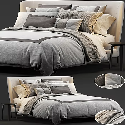 Double Bed with Modern Headboard Neutral Tones Bedspread Multiple Pillows and Bedside Table 3d model
