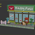 Cartoon Scene of Happy Post Office with Green Sign Red Mailbox and Sidewalk Elements