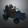 Blue Off Road Vehicle With Yellow Black Striped Roof Equipment And Red Interior