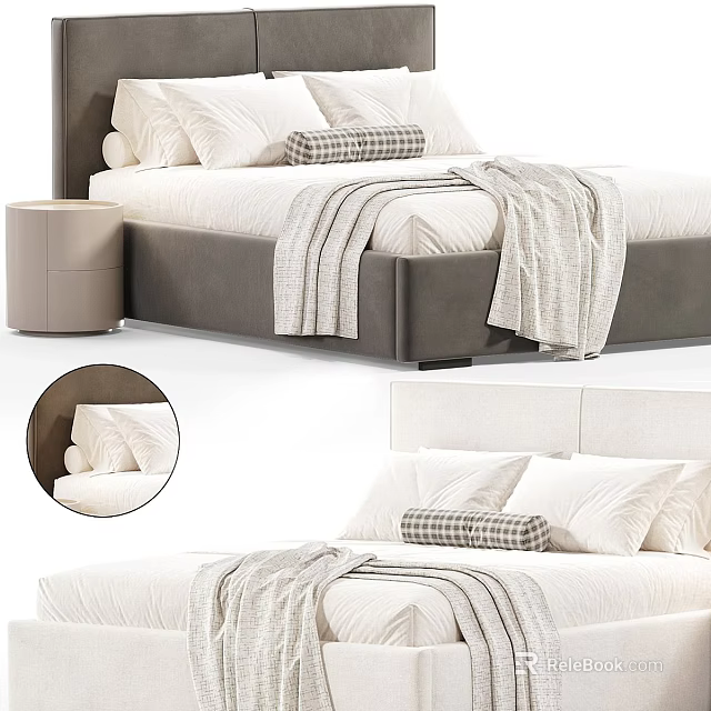 Modern Double Bed with Upholstered Headboard White Sheets Plaid Cushion Gray Blanket and Bedside Table 3d model 