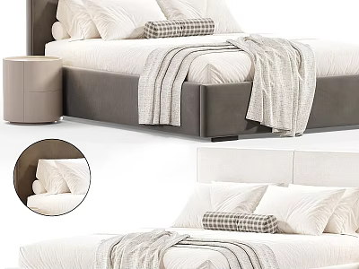 Modern Double Bed with Upholstered Headboard White Sheets Plaid Cushion Gray Blanket and Bedside Table 3d model