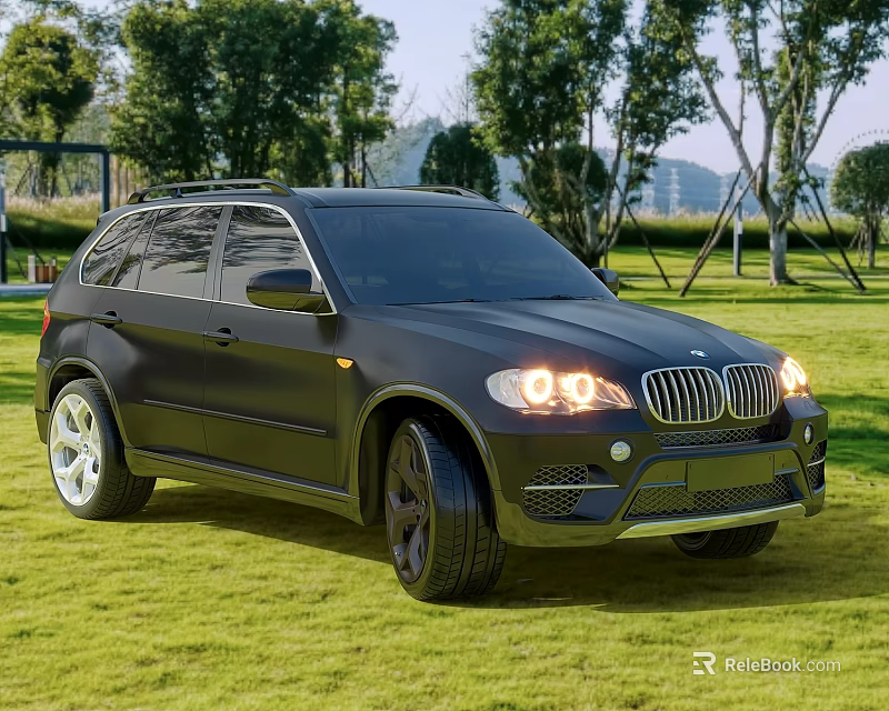 Black BMW SUV Parked On Green Grass Field With Headlights On And Trees 3d model 