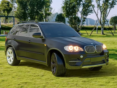 Black BMW SUV Parked On Green Grass Field With Headlights On And Trees 3d model
