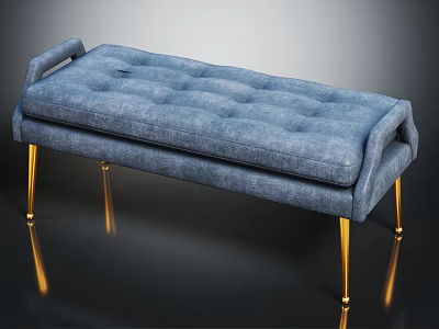 Blue Tufted Upholstered Bench With Gold Metal Legs And Modern Style 3d model