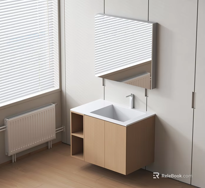 Modern Bathroom Washbasin With Wooden Cabinet Mirror And Window Blinds 3d model 