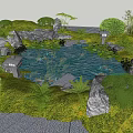 Garden Water Fountain with Koi Fish Lotus Leaves Stone Pathways and Green Plants