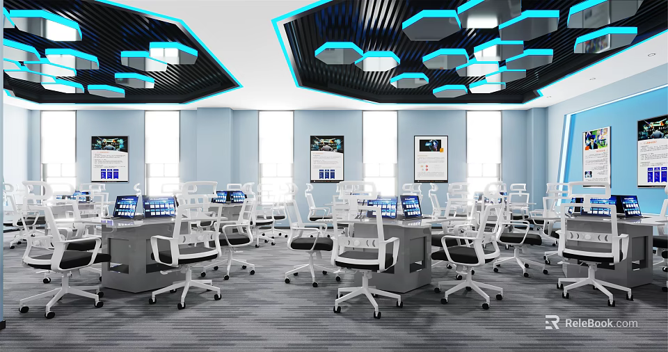 Modern Office Interior With Desks Chairs Computers Wall Screens And Geometric Ceiling Design 3d model 
