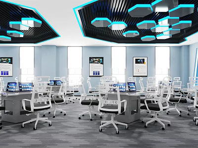 Modern Office Interior With Desks Chairs Computers Wall Screens And Geometric Ceiling Design 3d model