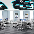Modern Office Interior With Desks Chairs Computers Wall Screens And Geometric Ceiling Design