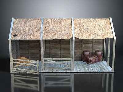 Traditional Thatched Roof Wooden Shed With Three Connected Sections Barrels And Wooden Cart 3d model