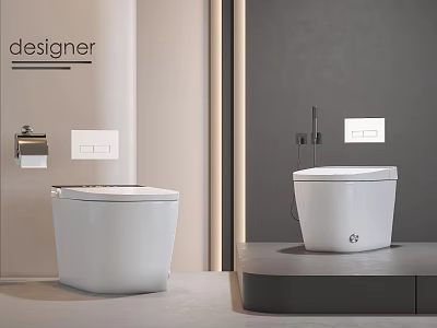 Modern White Toilets In Bathroom Interior With Gray Wall Flush Panel And Paper Holder 3d model