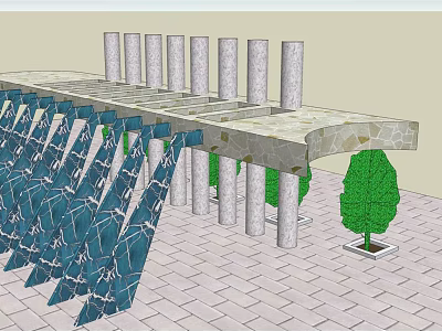 Outdoor Pergola Structure With Stone Columns Paved Floor And Green Tree 3d model