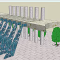 Outdoor Pergola Structure With Stone Columns Paved Floor And Green Tree