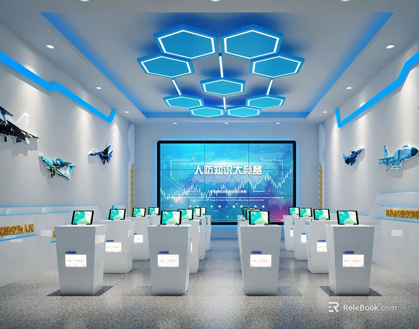 AI Knowledge Lecture Hall With Large Screen Computers Airplane Models And Hexagonal Lights 3d model