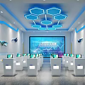AI Knowledge Lecture Hall With Large Screen Computers Airplane Models And Hexagonal Lights 3d model