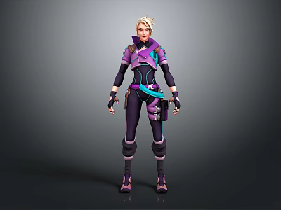 Detailed Short Haired Female Character In Purple Blue Sci Fi Combat Suit With Battle Gear 3d model