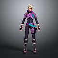 Detailed Short Haired Female Character In Purple Blue Sci Fi Combat Suit With Battle Gear
