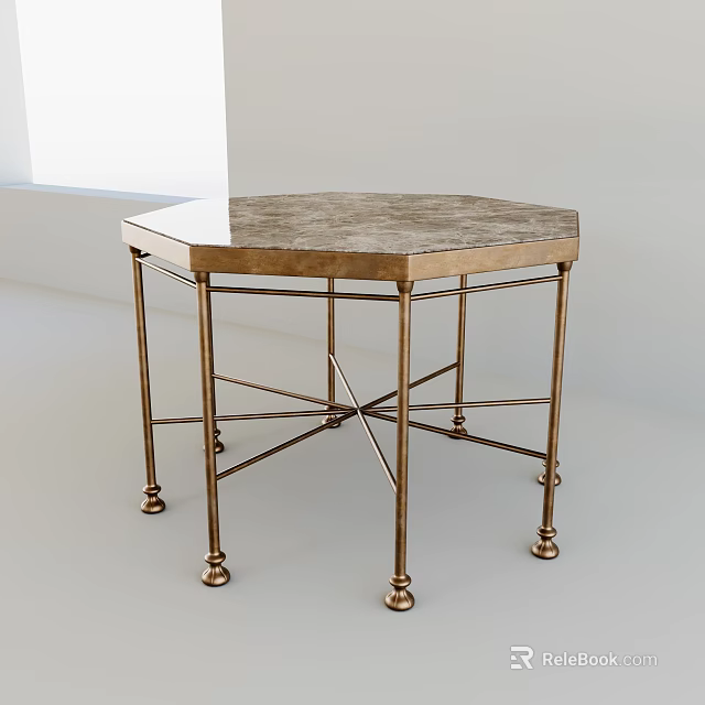 Hexagonal Coffee Table With Gold Metal Legs And Elegant Marble Tabletop Design 3d model