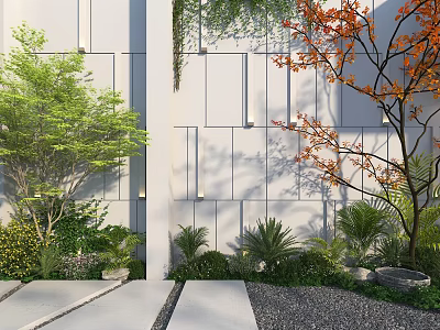 Modern Garden Landscape With White Wall Geometric Lines Stone Path And Diverse Plants 3d model