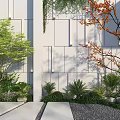Modern Garden Landscape With White Wall Geometric Lines Stone Path And Diverse Plants