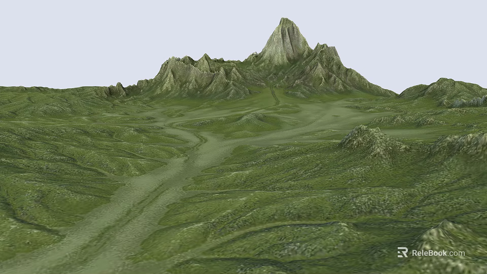 Natural Garden Landscape With Green Meadow Winding Path Mountain Peak And Rolling Hills 3d model 