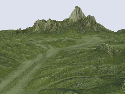 Natural Garden Landscape With Green Meadow Winding Path Mountain Peak And Rolling Hills 3d model