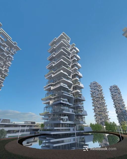 Modern Residential Building with Unique Layered Structure Large Balconies and Greenery Under Blue Sky 3d model 