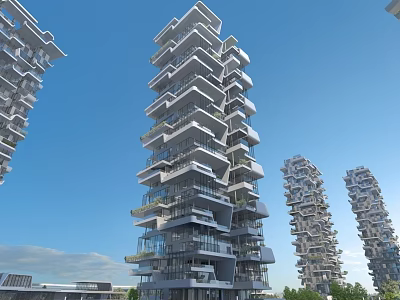 Modern Residential Building with Unique Layered Structure Large Balconies and Greenery Under Blue Sky 3d model