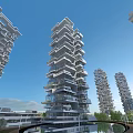 Modern Residential Building with Unique Layered Structure Large Balconies and Greenery Under Blue Sky
