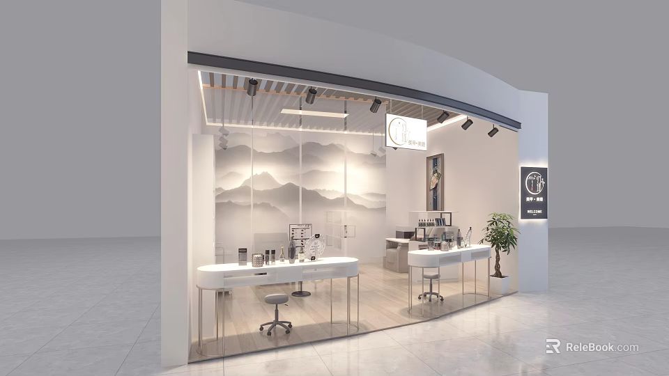 Modern Beauty Hair Salon Interior With Open Counter Beauty Products Decorative Wall Mural and Lighting 3d model 