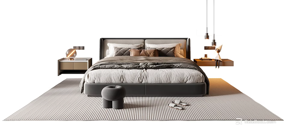 Double Bed with Soft Bedding Pillows and Bedside Tables on Striped Rug 3d model