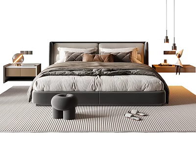 Double Bed with Soft Bedding Pillows and Bedside Tables on Striped Rug 3d model