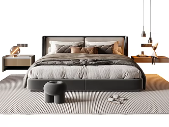 Modern Italian Double Bed Fabric Double Bedside Cabinet Chandelier Carpet 3d model