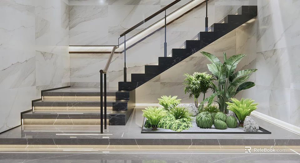 Staircase Design Featuring Marble Wall Black Steps Glass Railing Green Plants And Stone Arrangement 3d model 