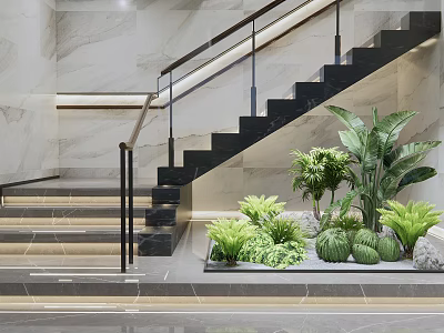Staircase Design Featuring Marble Wall Black Steps Glass Railing Green Plants And Stone Arrangement 3d model